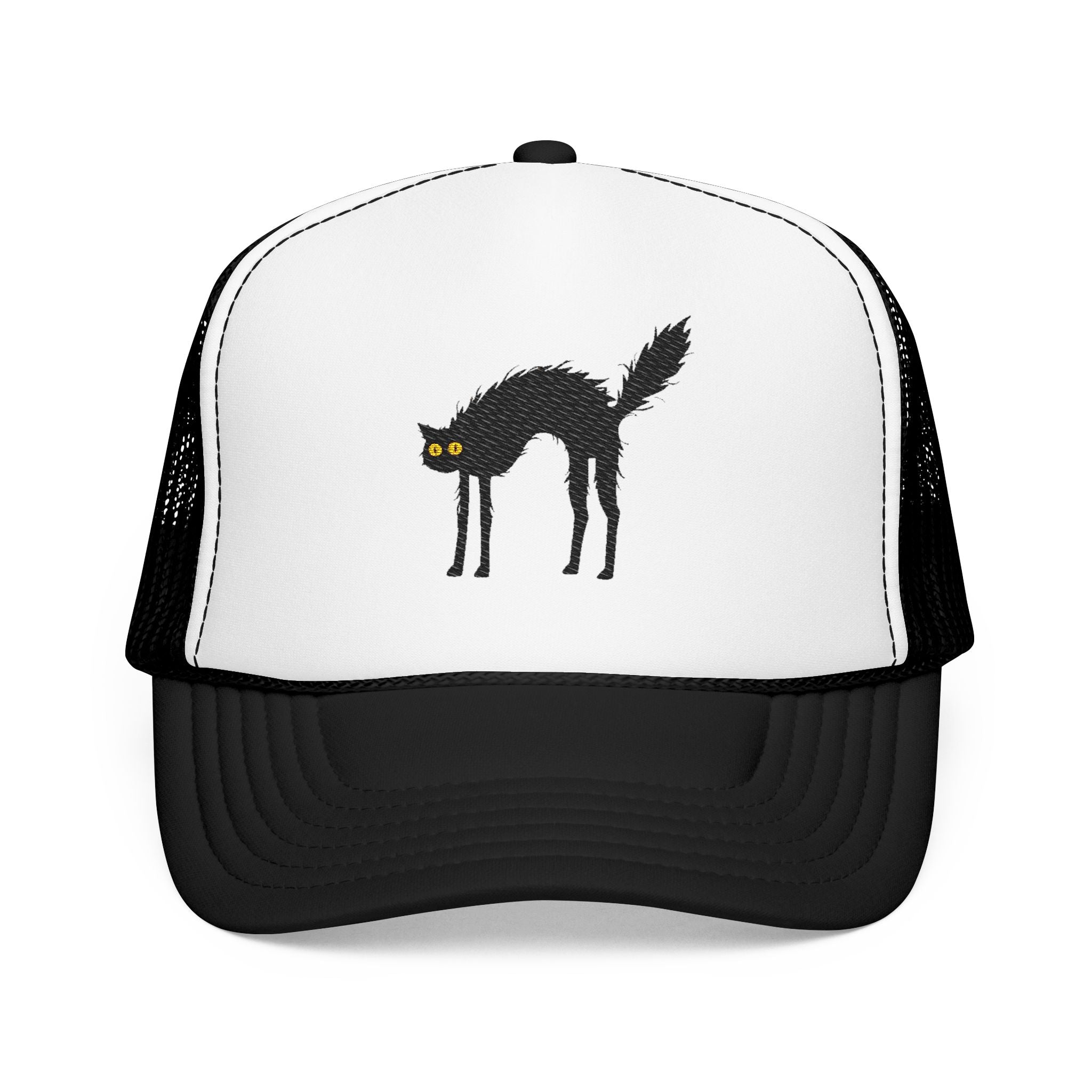 Embroidered Black Cat Trucker Hat — Vintage Halloween Foam Mesh Cap
