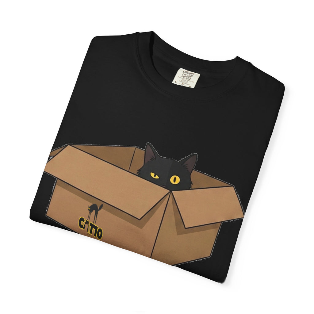Karton Kutuda Siyah Kedili Unisex Tişört | Sevimli Kedi İllüstrasyonu