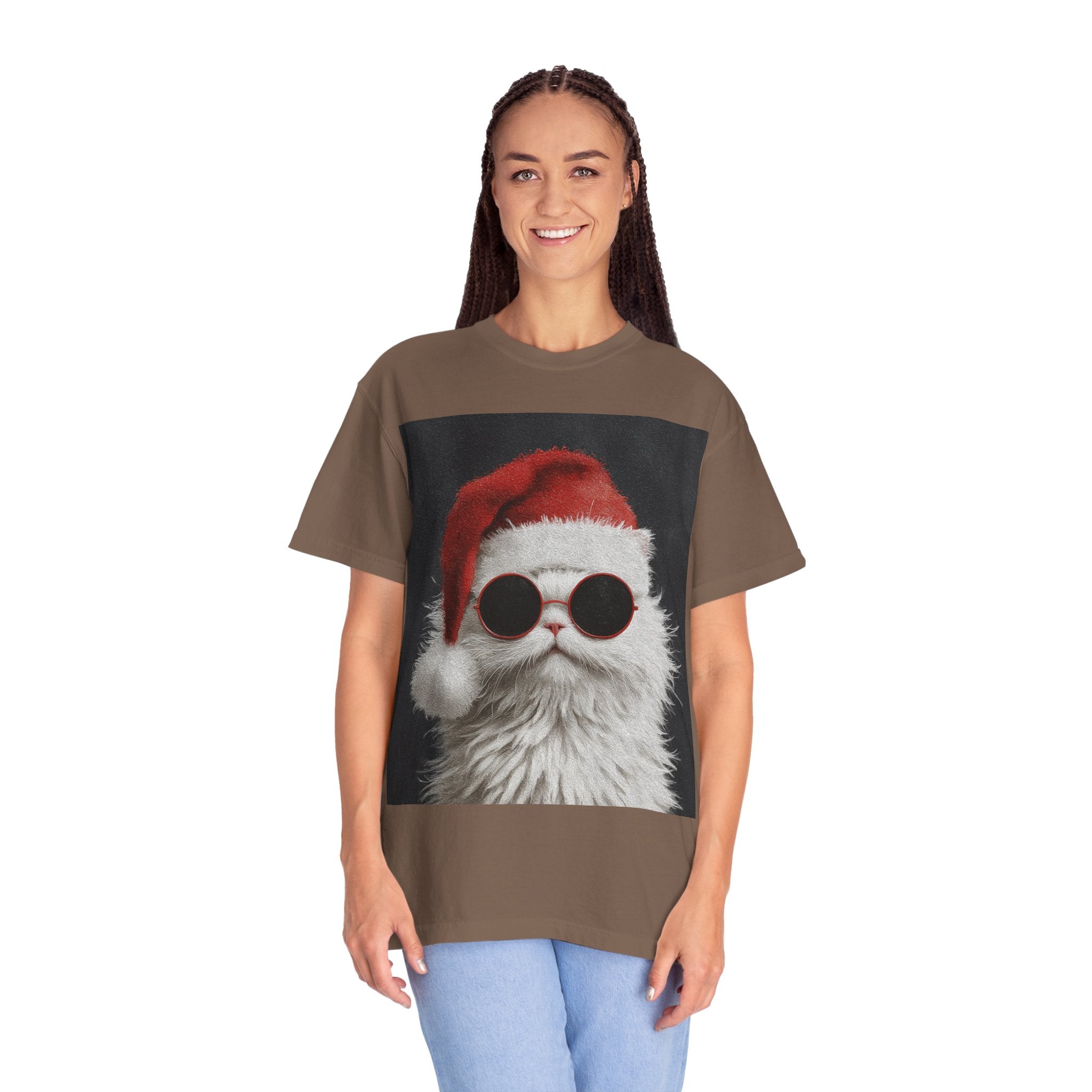 Cool White Cat in Santa Hat T-Shirt | Christmas Cat Shirt