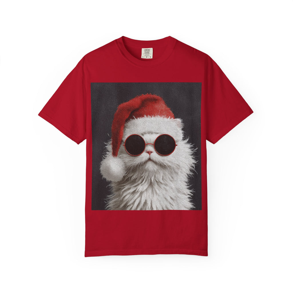 Cool White Cat in Santa Hat T-Shirt | Christmas Cat Shirt