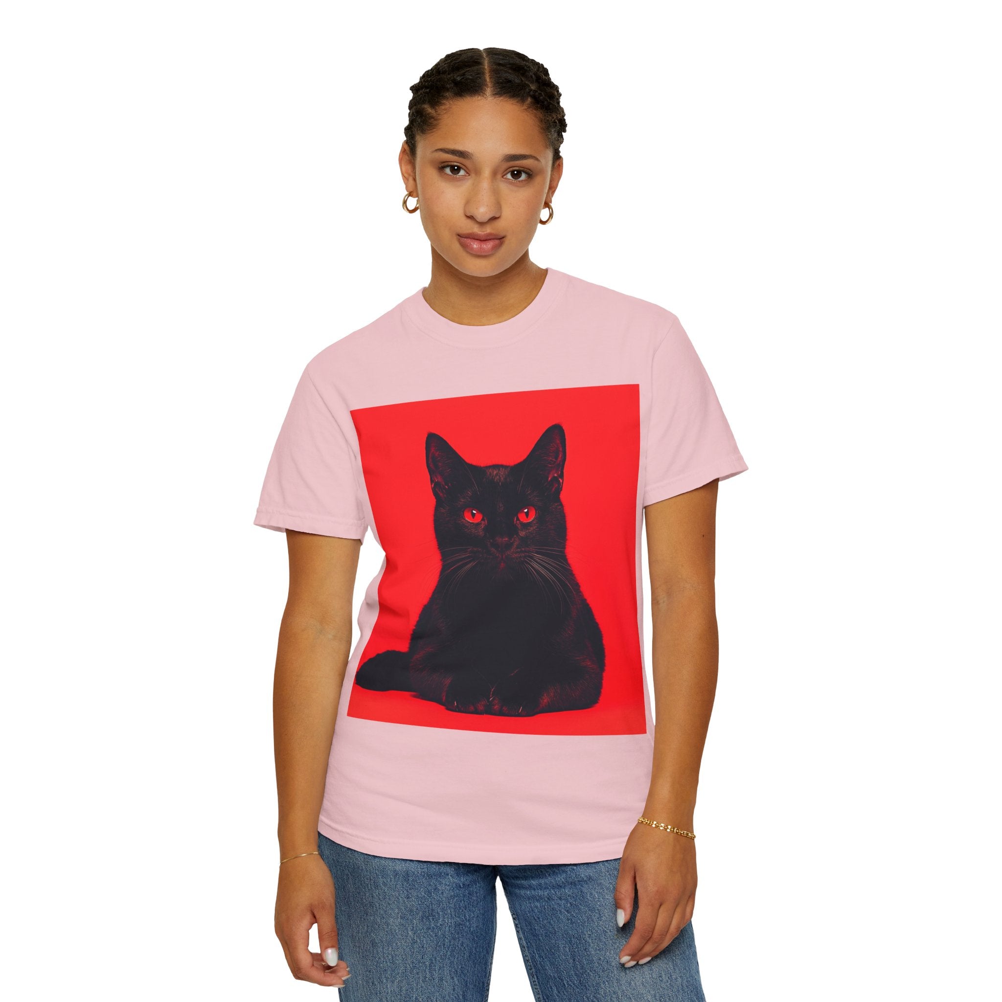 Unisex Siyah Kedi Portre Tişörtü | Kırmızı Kare Grafik