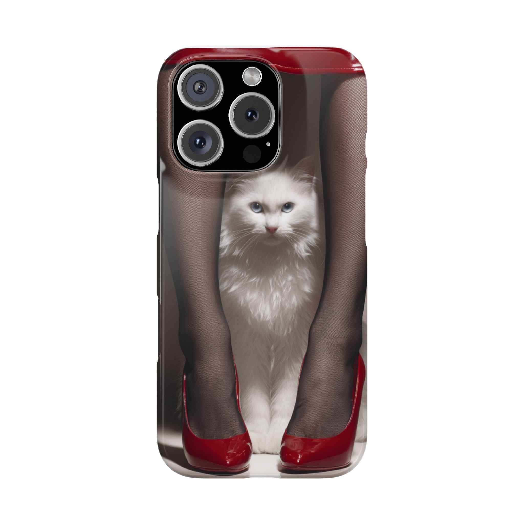 Bacaklar Arasında Beyaz Tüylü Kedi İnce Telefon Kılıfı | Kırmızı Topuklu Ayakkabı, Siyah Çorap