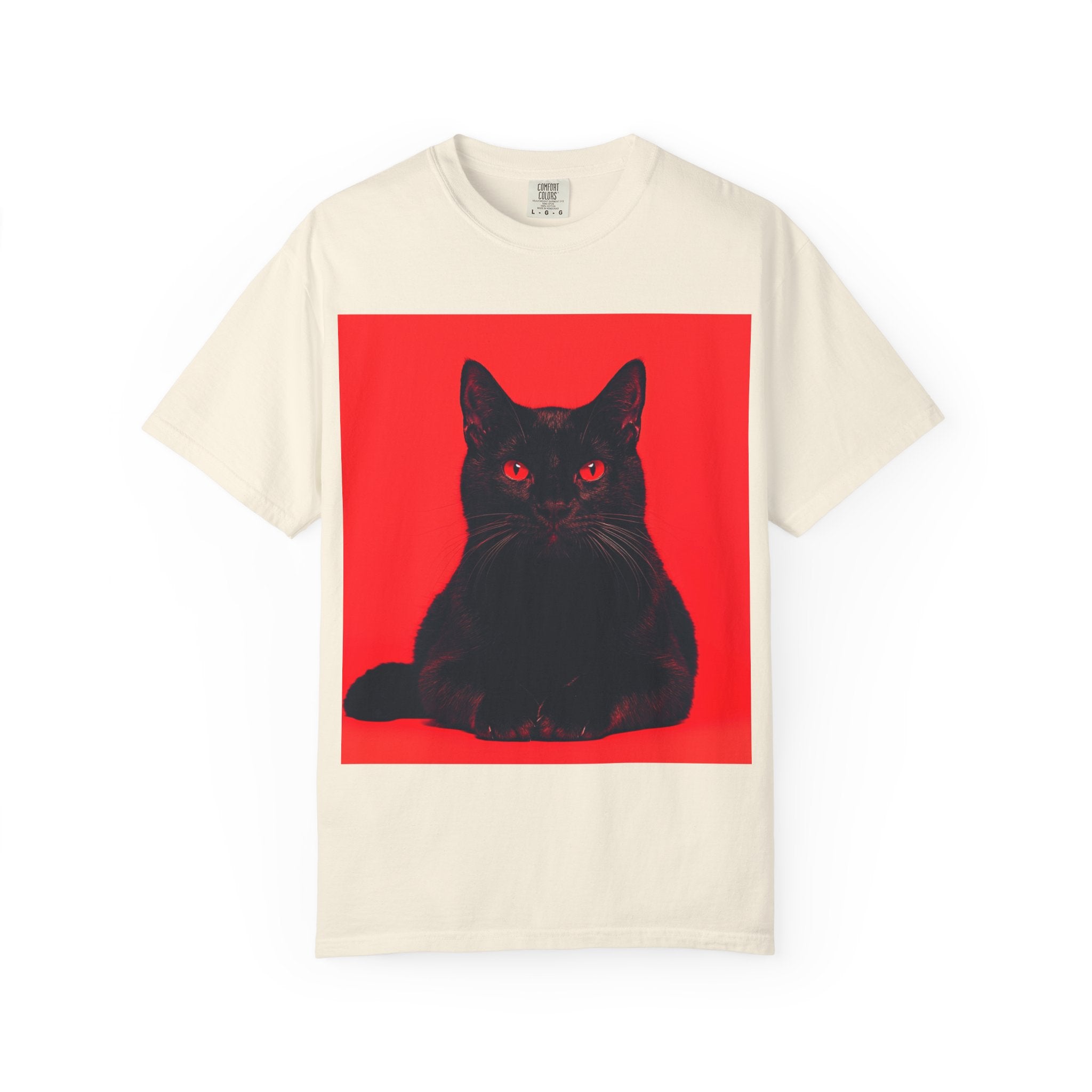 Unisex Siyah Kedi Portre Tişörtü | Kırmızı Kare Grafik