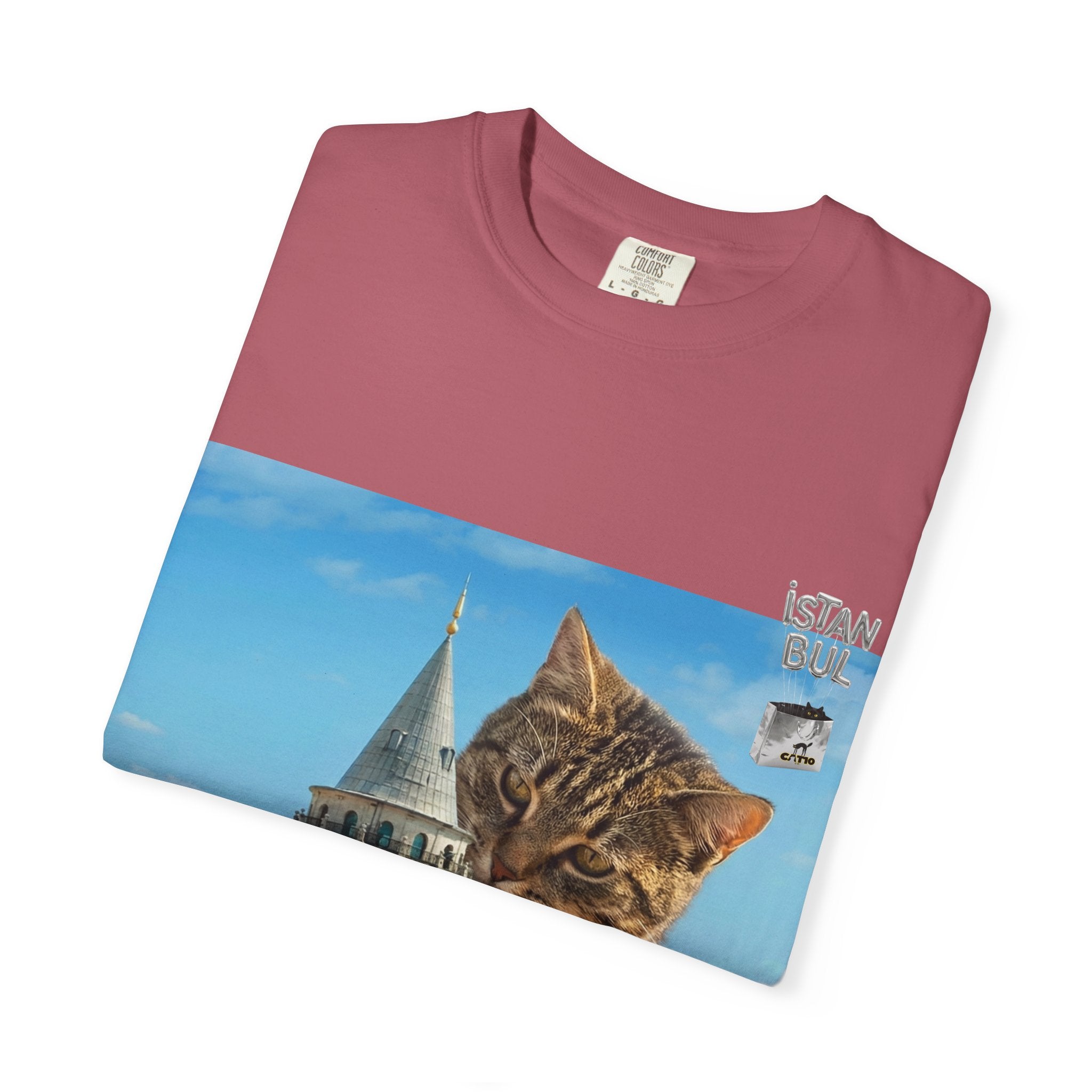 İstanbul'da Galata Kulesi'ne Tırmanan Unisex Dev Kedi Tişörtü | İstanbul Şehir Manzarası Tişörtü | İstanbul Kedi Hediyesi | Kedi Sahibi Hediye Fikri