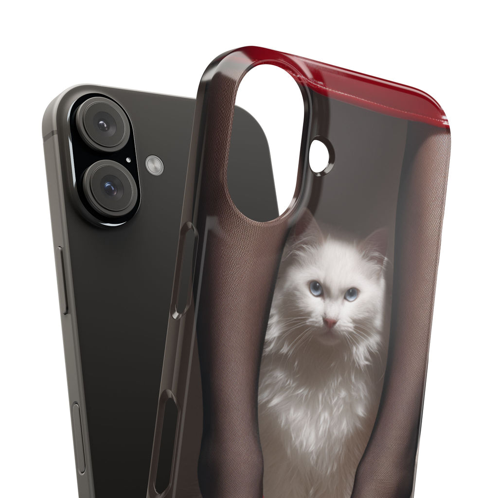 Bacaklar Arasında Beyaz Tüylü Kedi İnce Telefon Kılıfı | Kırmızı Topuklu Ayakkabı, Siyah Çorap