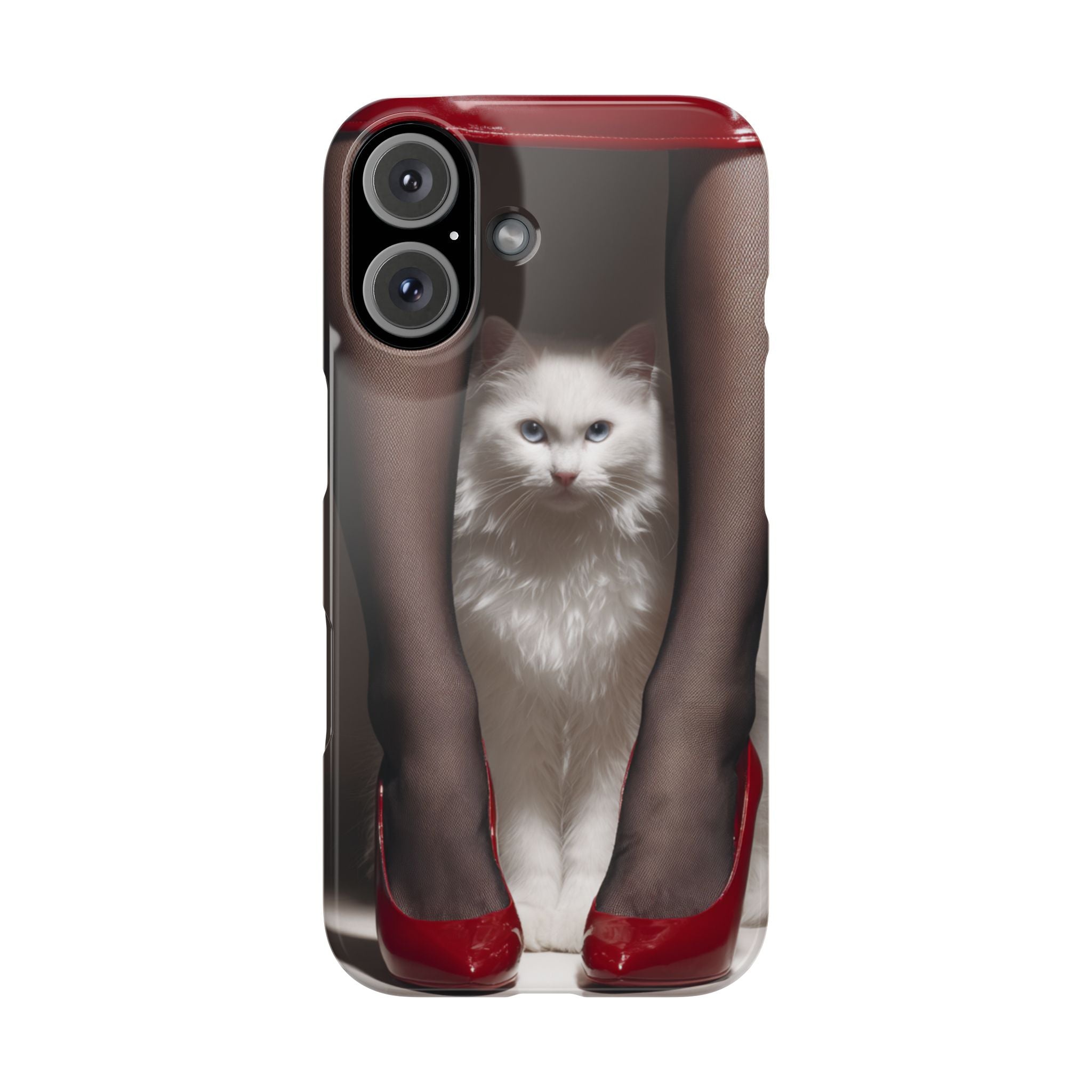 Bacaklar Arasında Beyaz Tüylü Kedi İnce Telefon Kılıfı | Kırmızı Topuklu Ayakkabı, Siyah Çorap